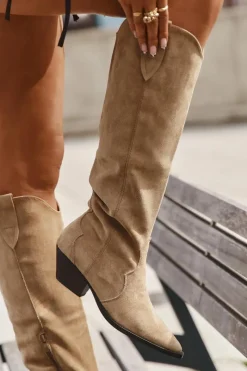 New Ocieplane Kozaki Kowbojki Na Obcasie Z Eko Zamszu Beżowe Jovianne Damskie Kozaki Ocieplane|Kozaki Na Słupku