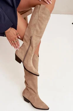 New Ocieplane Kozaki Kowbojki Na Obcasie Z Eko Zamszu Beżowe Jovianne Damskie Kozaki Ocieplane|Kozaki Na Słupku