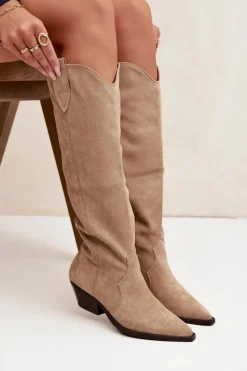 New Ocieplane Kozaki Kowbojki Na Obcasie Z Eko Zamszu Beżowe Jovianne Damskie Kozaki Ocieplane|Kozaki Na Słupku