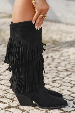 Hot Boto Ocieplane Kozaki Kowbojki Damskie Z Frędzlami Czarne Brivina Czarny