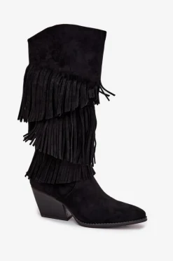 Hot Boto Ocieplane Kozaki Kowbojki Damskie Z Frędzlami Czarne Brivina Czarny