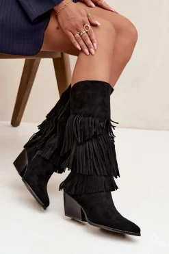 Hot Boto Ocieplane Kozaki Kowbojki Damskie Z Frędzlami Czarne Brivina Czarny