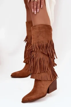 Sale Boto Ocieplane Kozaki Kowbojki Damskie Z Frędzlami Camel Brivina Brązowy