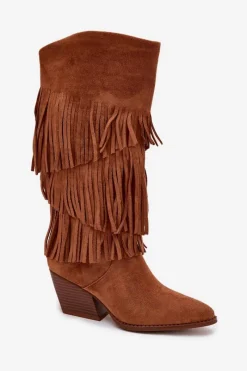 Sale Boto Ocieplane Kozaki Kowbojki Damskie Z Frędzlami Camel Brivina Brązowy