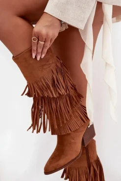 Sale Boto Ocieplane Kozaki Kowbojki Damskie Z Frędzlami Camel Brivina Brązowy