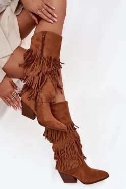 Sale Boto Ocieplane Kozaki Kowbojki Damskie Z Frędzlami Camel Brivina Brązowy