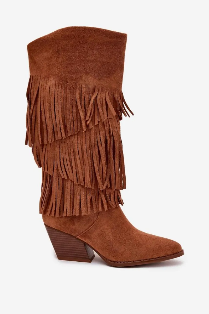 Sale Boto Ocieplane Kozaki Kowbojki Damskie Z Frędzlami Camel Brivina Brązowy