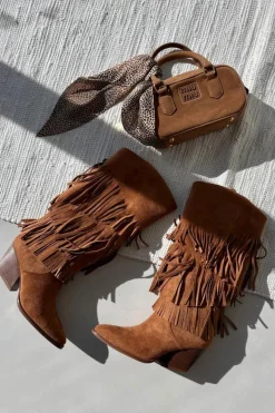 Sale Boto Ocieplane Kozaki Kowbojki Damskie Z Frędzlami Camel Brivina Brązowy