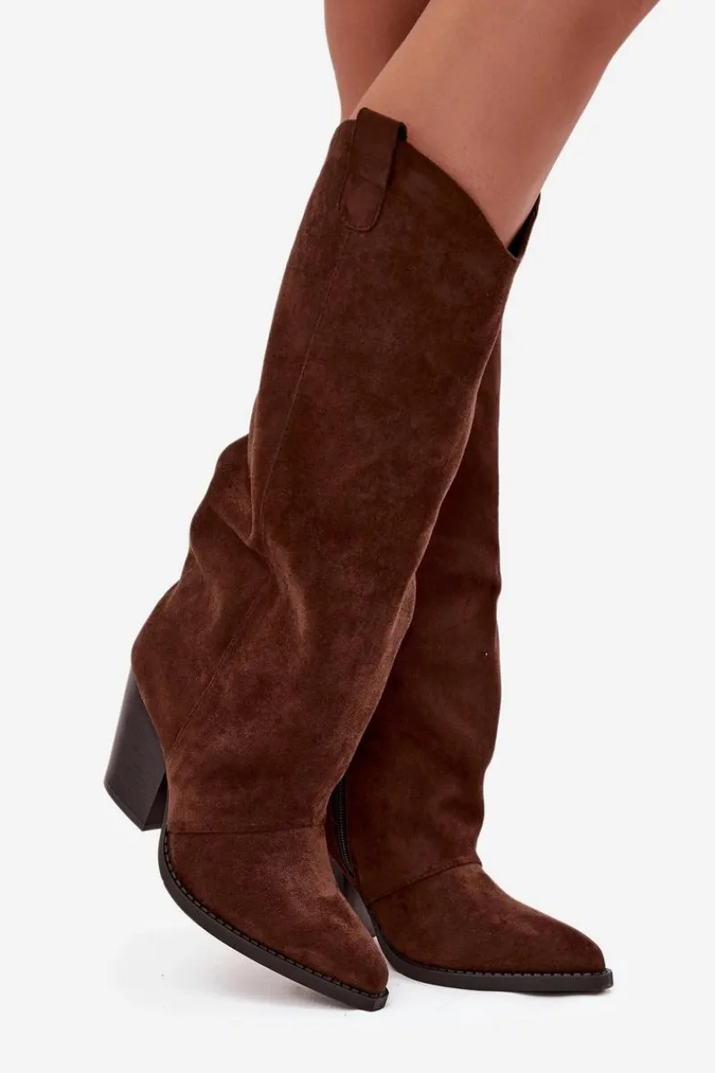 Hot Boto Ocieplane Kozaki Kowbojki Na Słupku Z Eko Zamszu Czekoladowe Mavine Brązowy