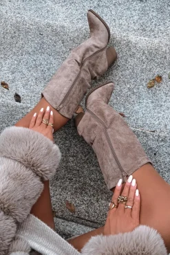 Clearance Ocieplane Kozaki Kowbojki Na Słupku Z Eko Zamszu Beżowe Mavine Damskie Kozaki Ocieplane|Kozaki Na Słupku