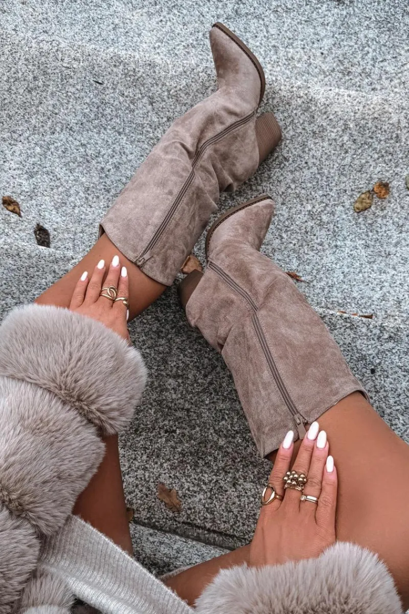 Clearance Ocieplane Kozaki Kowbojki Na Słupku Z Eko Zamszu Beżowe Mavine Damskie Kozaki Ocieplane|Kozaki Na Słupku