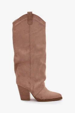 Clearance Ocieplane Kozaki Kowbojki Na Słupku Z Eko Zamszu Beżowe Mavine Damskie Kozaki Ocieplane|Kozaki Na Słupku