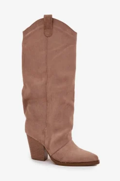 Clearance Ocieplane Kozaki Kowbojki Na Słupku Z Eko Zamszu Beżowe Mavine Damskie Kozaki Ocieplane|Kozaki Na Słupku