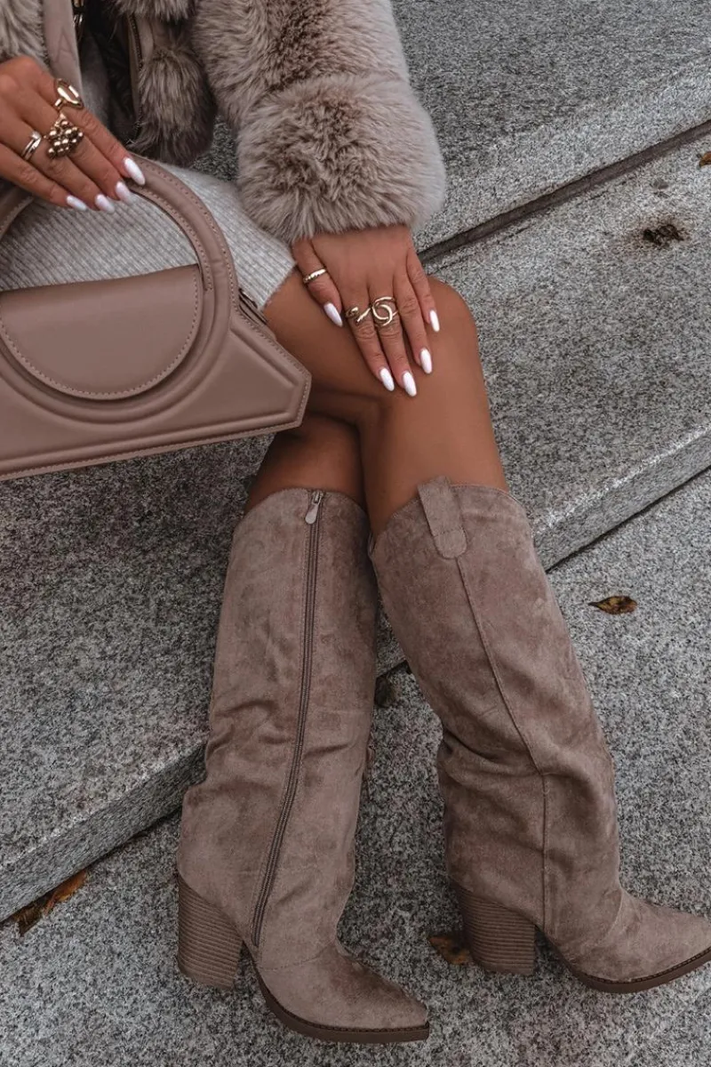 Clearance Ocieplane Kozaki Kowbojki Na Słupku Z Eko Zamszu Beżowe Mavine Damskie Kozaki Ocieplane|Kozaki Na Słupku