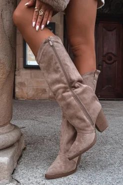 Clearance Ocieplane Kozaki Kowbojki Na Słupku Z Eko Zamszu Beżowe Mavine Damskie Kozaki Ocieplane|Kozaki Na Słupku