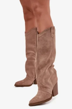 Clearance Ocieplane Kozaki Kowbojki Na Słupku Z Eko Zamszu Beżowe Mavine Damskie Kozaki Ocieplane|Kozaki Na Słupku