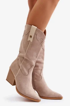 Outlet Boto Ocieplane Kozaki Kowbojki Na Słupku Eko Zamszowe Beżowe Hanivin