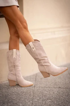 Outlet Boto Ocieplane Kozaki Kowbojki Na Słupku Eko Zamszowe Beżowe Hanivin