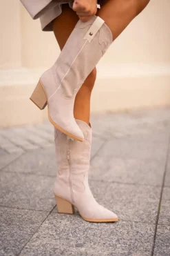 Outlet Boto Ocieplane Kozaki Kowbojki Na Słupku Eko Zamszowe Beżowe Hanivin