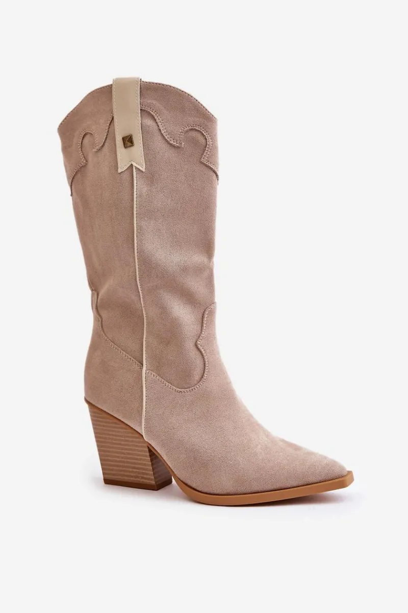 Outlet Boto Ocieplane Kozaki Kowbojki Na Słupku Eko Zamszowe Beżowe Hanivin