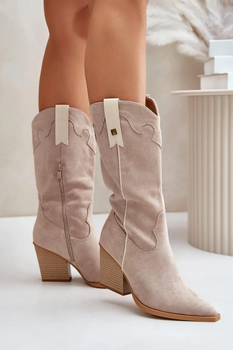 Outlet Boto Ocieplane Kozaki Kowbojki Na Słupku Eko Zamszowe Beżowe Hanivin