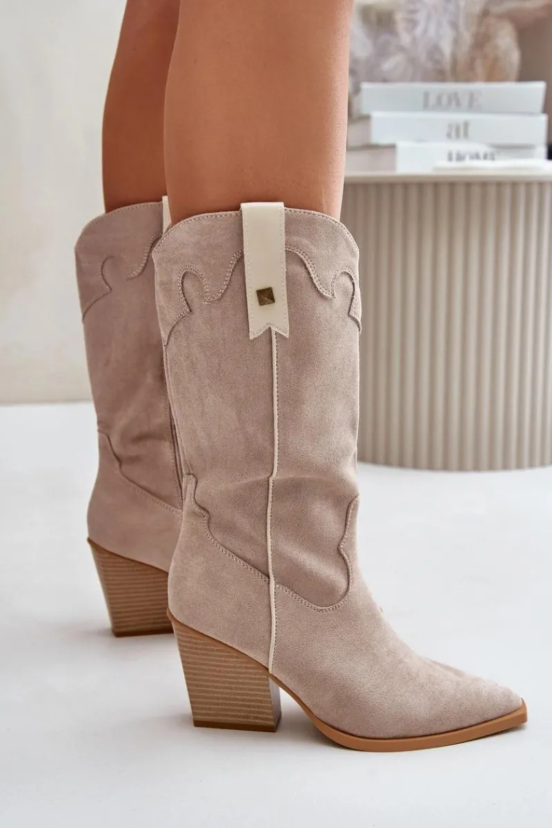 Outlet Boto Ocieplane Kozaki Kowbojki Na Słupku Eko Zamszowe Beżowe Hanivin