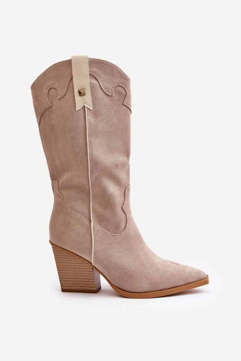 Outlet Boto Ocieplane Kozaki Kowbojki Na Słupku Eko Zamszowe Beżowe Hanivin