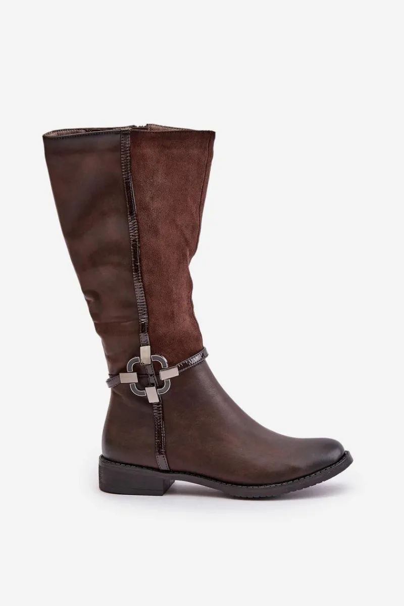 Best Boto Ocieplane Kozaki Na Płaskim Obcasie Z Ozdobną Klamrą Brązowe Leatharia Brązowy