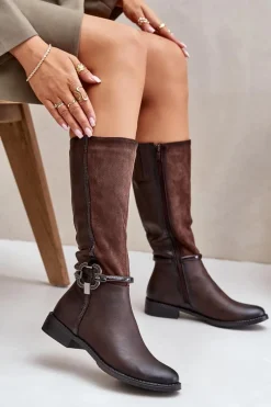 Best Boto Ocieplane Kozaki Na Płaskim Obcasie Z Ozdobną Klamrą Brązowe Leatharia Brązowy