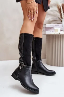 Kozaki Ocieplane|Kozaki Płaskie>Boto Ocieplane Kozaki Na Płaskim Obcasie Z Ozdobną Klamrą Czarne Leatharia Czarny