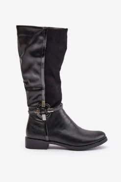 Kozaki Ocieplane|Kozaki Płaskie></noscript>Boto Ocieplane Kozaki Na Płaskim Obcasie Z Ozdobną Klamrą Czarne Leatharia Czarny