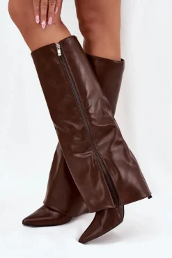 Clearance Boto Ocieplane Kozaki Na Szpilce Z Wywiniętą Cholewką Czekoladowe Tamonia Brązowy