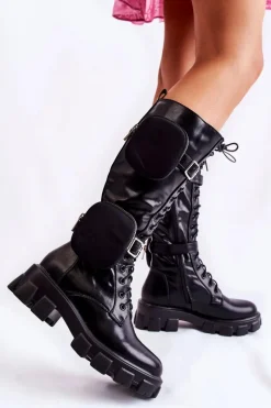 Online Boto Ocieplane Kozaki Z Torebkami Czarne Military