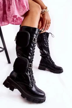 Online Boto Ocieplane Kozaki Z Torebkami Czarne Military