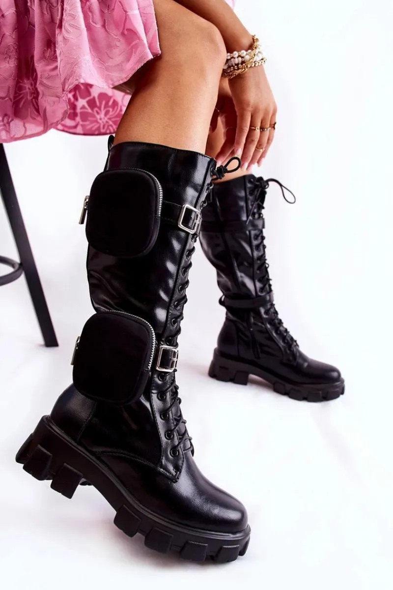 Online Boto Ocieplane Kozaki Z Torebkami Czarne Military