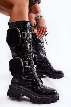 Clearance Ocieplane Kozaki Z Torebkami I Zwierzęcym Wzorem Czarne Military Damskie Kozaki Płaskie|Kozaki Przed Kolano