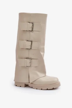 Kozaki Płaskie|Kozaki Przed Kolano></noscript>Boto Ocieplane Kozaki Z Wywiniętą Cholewką I Klamrami Jasnobeżowe Cialetta