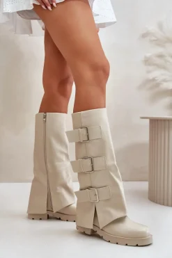 Kozaki Płaskie|Kozaki Przed Kolano></noscript>Boto Ocieplane Kozaki Z Wywiniętą Cholewką I Klamrami Jasnobeżowe Cialetta