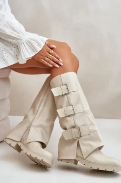 Kozaki Płaskie|Kozaki Przed Kolano></noscript>Boto Ocieplane Kozaki Z Wywiniętą Cholewką I Klamrami Jasnobeżowe Cialetta