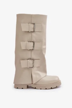 Kozaki Płaskie|Kozaki Przed Kolano></noscript>Boto Ocieplane Kozaki Z Wywiniętą Cholewką I Klamrami Jasnobeżowe Cialetta