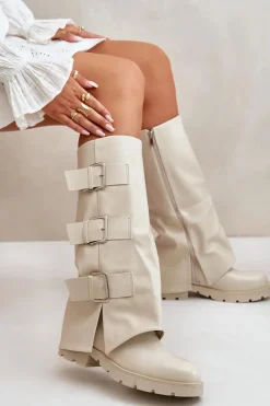 Kozaki Płaskie|Kozaki Przed Kolano></noscript>Boto Ocieplane Kozaki Z Wywiniętą Cholewką I Klamrami Jasnobeżowe Cialetta