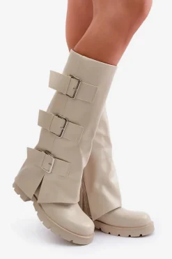 Kozaki Płaskie|Kozaki Przed Kolano></noscript>Boto Ocieplane Kozaki Z Wywiniętą Cholewką I Klamrami Jasnobeżowe Cialetta