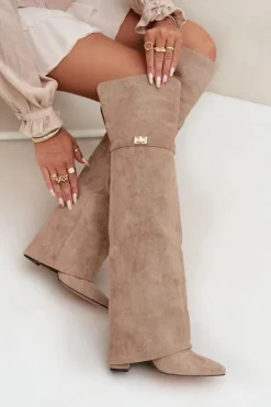 Kozaki Ocieplane|Muszkieterki>Boto Ocieplane Kozaki Z Wywiniętą Cholewką Za Kolano Obcas Słupek Beżowe Serelle Beżowy