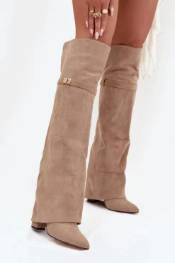 Kozaki Ocieplane|Muszkieterki>Boto Ocieplane Kozaki Z Wywiniętą Cholewką Za Kolano Obcas Słupek Beżowe Serelle Beżowy