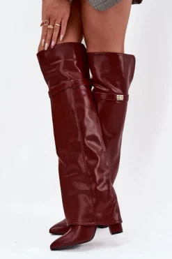 Online Boto Ocieplane Kozaki Z Wywiniętą Cholewką Za Kolano Obcas Słupek Bordowe Serelle