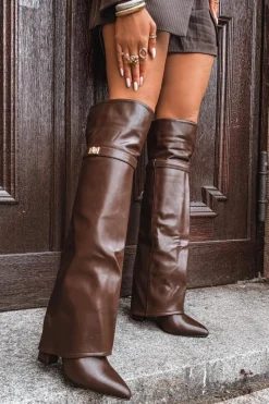 Kozaki Ocieplane|Muszkieterki>Boto Ocieplane Kozaki Z Wywiniętą Cholewką Za Kolano Obcas Słupek Brązowe Serelle Brązowy