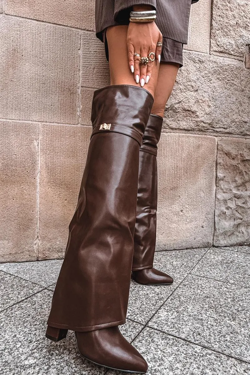 Kozaki Ocieplane|Muszkieterki>Boto Ocieplane Kozaki Z Wywiniętą Cholewką Za Kolano Obcas Słupek Brązowe Serelle Brązowy