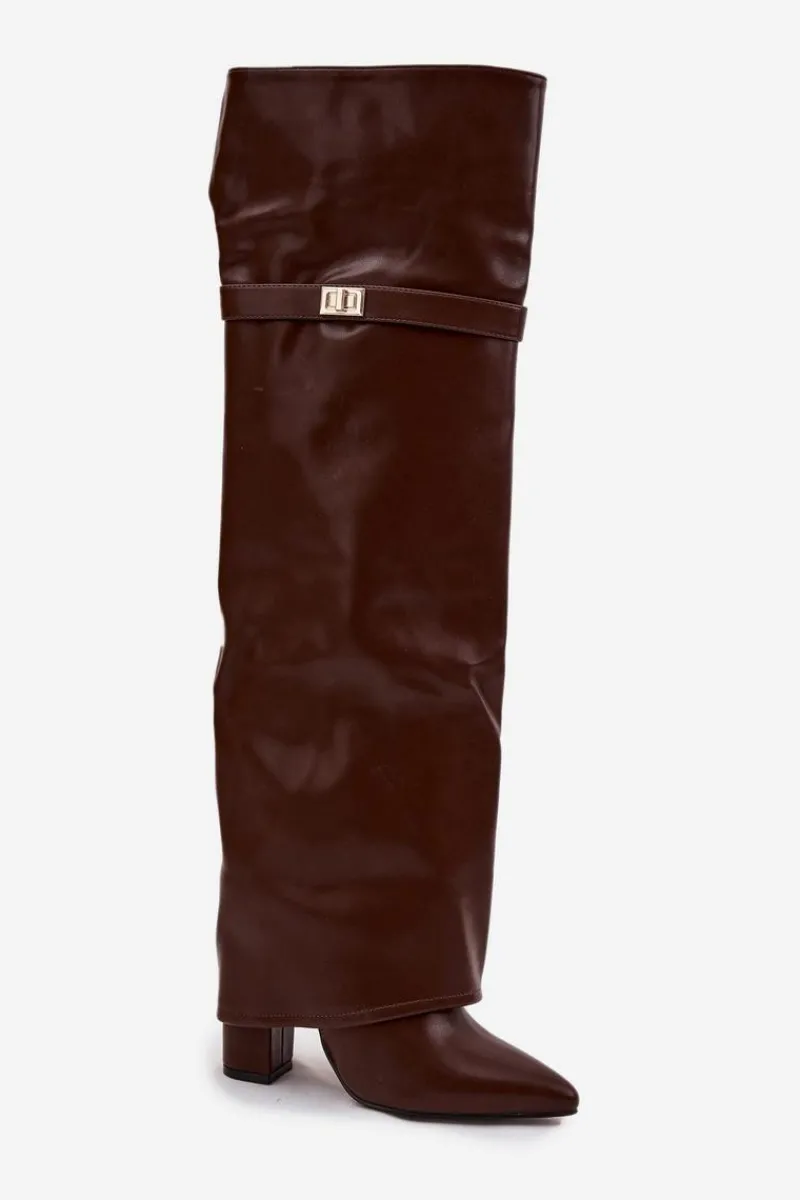 Kozaki Ocieplane|Muszkieterki>Boto Ocieplane Kozaki Z Wywiniętą Cholewką Za Kolano Obcas Słupek Brązowe Serelle Brązowy