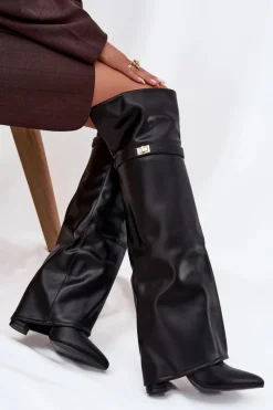 New Boto Ocieplane Kozaki Z Wywiniętą Cholewką Za Kolano Obcas Słupek Czarne Serelle Czarny