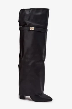 New Boto Ocieplane Kozaki Z Wywiniętą Cholewką Za Kolano Obcas Słupek Czarne Serelle Czarny